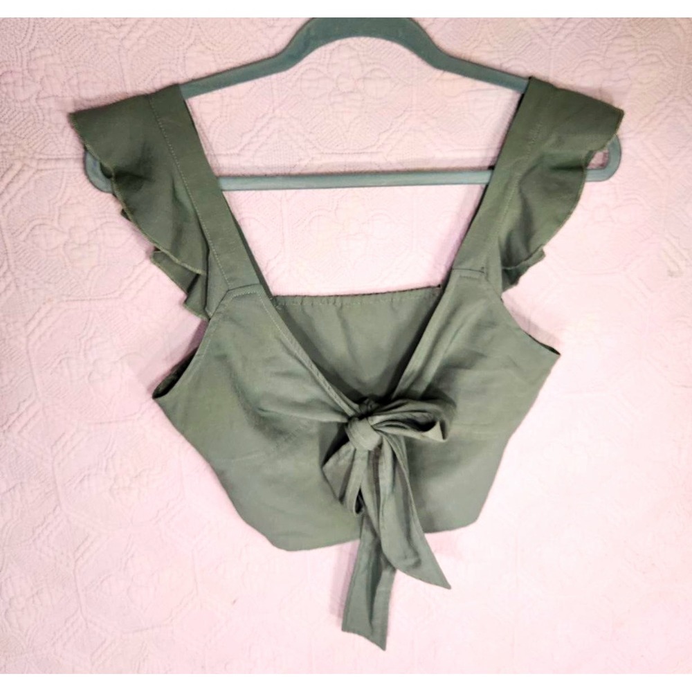 Cider Women's Sage Green Tie-Front Blouse with Flutter Sleeves, Size Large